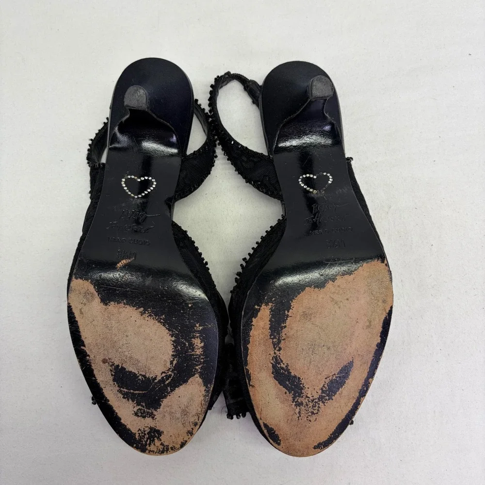 Y2K Betsey Johnson Black Lace Bow Slingback Heels 8.5M Beaded Whimsigoth Rare